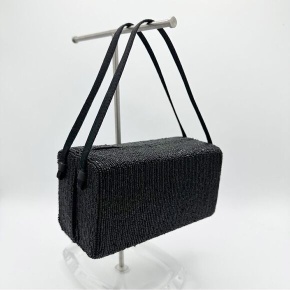 La Regale Vintage Black Beaded Rectangle Box w/Double Satin Handles Unique - Picture 2 of 12